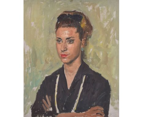 Bernard Hailstone RP (1910-1987), oil on board preparatory portrait sketch, Portrait of a Lady in Black Blouse & Alice Band, 