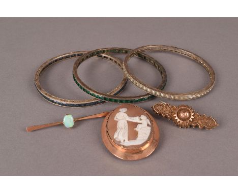 Three vintage brooches and bangles, including a 9ct gold and opal bar brooch, a cameo and a Victorian brooch, together with a