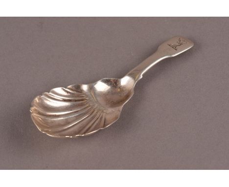 A William IV period Irish silver tea caddy spoon by TF, fiddle pattern handle with engraved family crest deer with cross to i