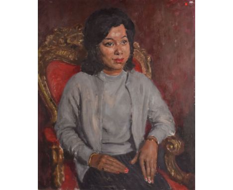 Bernard Hailstone RP (1910-1987), portrait study of a lady in gilt chair oil on board, Portrait of a Lady, 76cm by 64cm, unfr