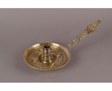 A fine and rare 19th century Austro-Hungarian silver gilt chamber stick, having ornate handle with possibly religious figures