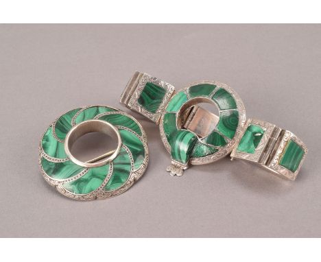 Two vintage white metal and malechite items of jewellery, probably Scottish silver, one being a bracelet and the other a circ