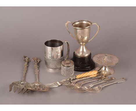 A collection of silver and silver plated items, including a silver Christening tankard, four silver fiddle pattern forks, app