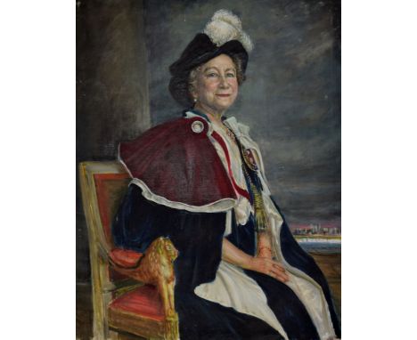 Bernard Hailstone RP (1910-1987), an important oil on canvas of the Queen Mother seated in throne with view of Cinq Ports in 