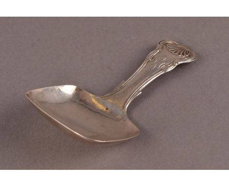 A late George III silver tea caddy spoon by J.W, with kings pattern handle and rectangular shovel bowl, London 1821 