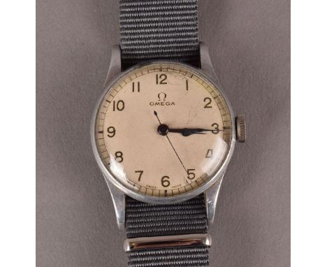 A 1940s Omega stainless steel Royal Navy issue gentleman’s wristwatch, having Arabic numerals to dial, reverse marked with br