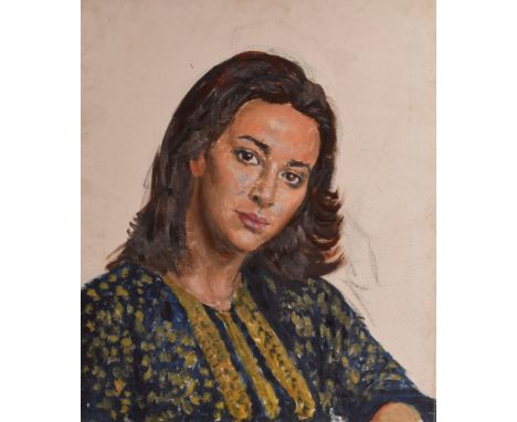 Bernard Hailstone RP (1910-1987), portrait study oil on canvas, Portrait of a Young Lady in Blue & Yellow Blouse, 61cm by 51c