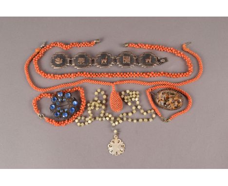 A vintage coral bead necklace with pendant and matching bracelet, together with a Siam white metal and niello bracelet, a fur