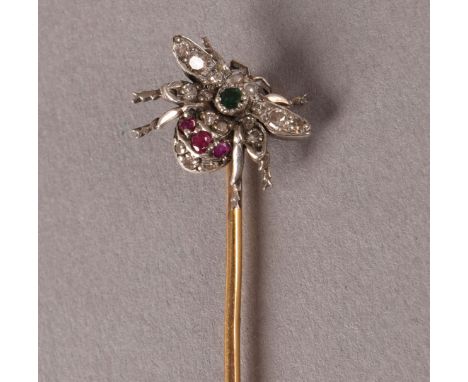 A late 19th century gem set bee stick pin, the silver and gold bee set with various stones on a gold pin, presented in a fitt