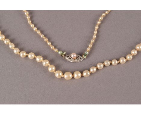 A vintage pearl necklace, the single strand of graduating pearls on knotted string with white 14ct gold and single pearl pier