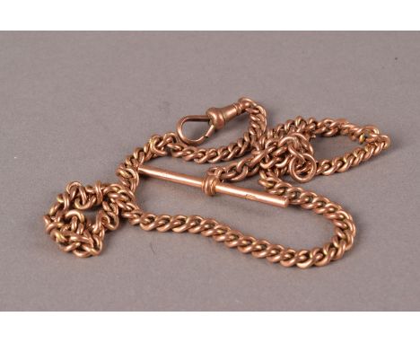 A vintage 9ct gold watch chain, the uniform curb link chain with watch snap and T bar, approx 30g 