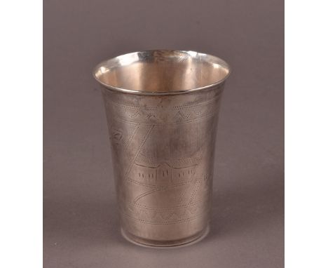 A vintage Russian silver beaker, with engraved designs, marked MNO and Moscow mark to base 