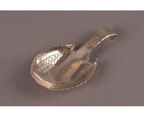 A George III silver tea caddy spoon by Cocks & Bettridge, with unusual hoof shaped bright cut bowl and pierced edge, Birmingh