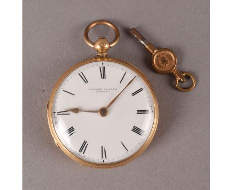 A Victorian 18ct gold open faced pocket watch by Joseph Player, white enamel dial with Roman numerals, engraved rear cover, h