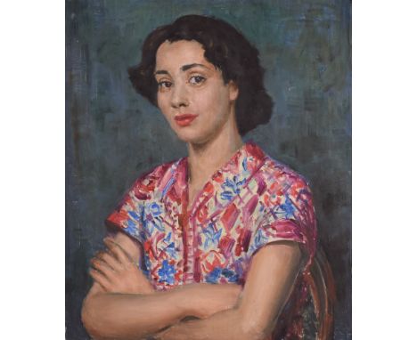 Bernard Hailstone RP (1910-1987), portrait study oil on aluminium sheet, Portrait of a Lady in Bright Blouse, 60cm by 50cm, u