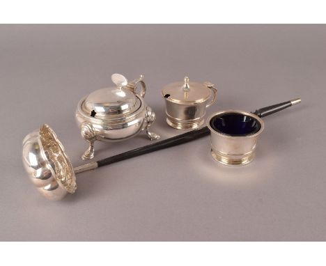 A fine George V silver mustard from Rowell of Oxford, on three hoof supports, together with an Art Deco period silver three p