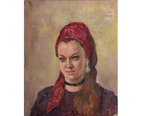 Bernard Hailstone RP (1910-1987), portrait study oil on canvas, Portrait of a Young Lady in Red Scarf with Earring, 61cm by 5