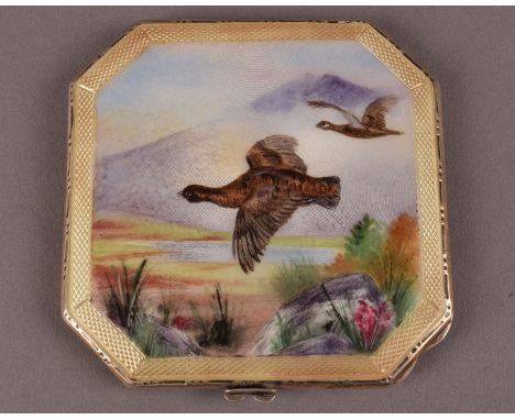 A George VI silver and enamel compact, having scene to lid of two grouse in flight across the highlands, marked HCD 