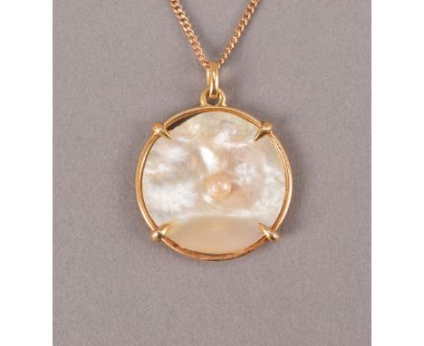 A French mother of pearl and gold pendant, the circular MOP panel with a seed pearl in gold frame supported on a fine gold ch