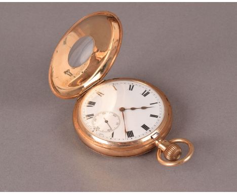 A George V period 9ct gold half hunter gentleman’s pocket watch, with blue enamel Roman numerals to front cover, some damages