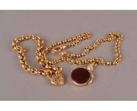 Two vintage gold plated chains and a fob, one a watch chain mounted with a 9ct gold spinning fob seal with bloodstone and car