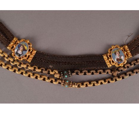 A fine 19th century pinchbeck pair of bracelet, having textured links with turquoise set clasps joining to form a necklace, t