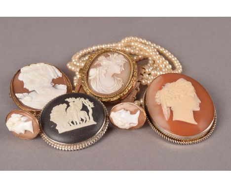 A collection of seven cameo items of jewellery, including a Victorian pinchbeck and synthetic pearl bracelet, a 9ct gold gold