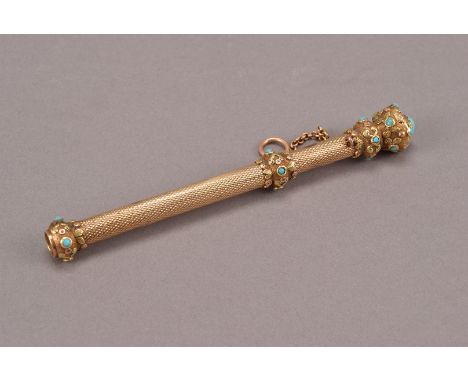 A Victorian yellow metal and turquoise retractable pencil, the engine turned barrel having ornate terminal, slide and end, po