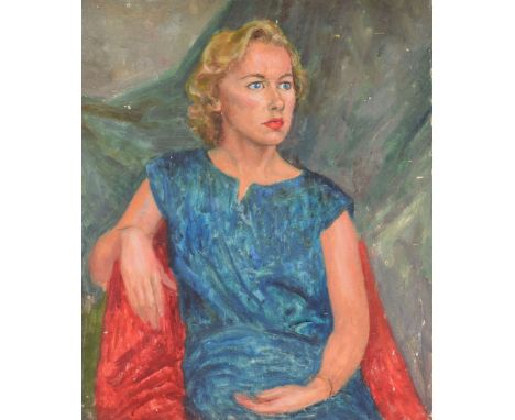 Bernard Hailstone RP (1910-1987), oil on board preparatory portrait sketch, Portrait of a Lady in Blue & Green Dress, 61cm by