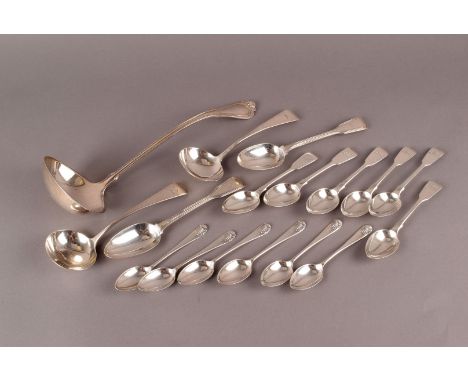 A collection of Georgian and later silver spoons, including a pair of sauce ladles bearing family crest, a set of six teaspoo