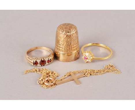 A 9ct gold and gem set ring, approx 3g, together with a 9ct gold cross on chain, approx 2.6g, a silver gilt thimble and a gol