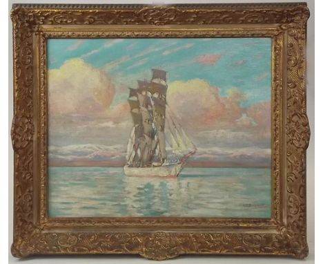GEORGE FAGAN BRADSHAW.
'Schooner at Dawn.' Oil on wooden panel. Signed. To the reverse, an oil sketch, fishing boats, unsigne