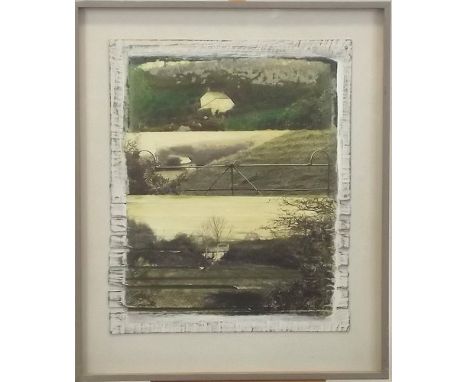 LIEKE RITMAN.
'Field gate.' Mixed media with photographs. Signed, titled & dated 1983 to the reverse.
48 x 40cm.