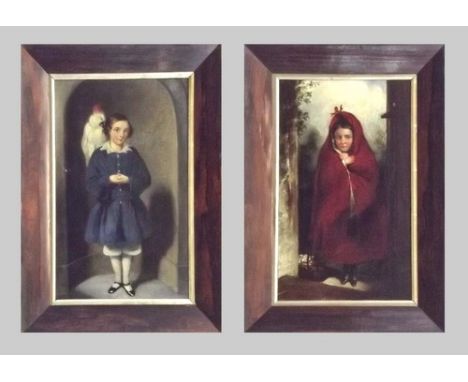 VICTORIAN PORTRAITS.
A pair of Victorian portraits, a boy with a parakeet & a girl in a red cloak. Oils on canvas, each relin