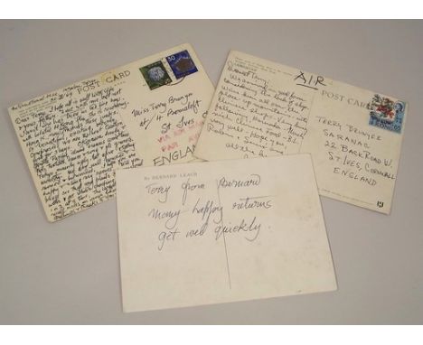 BERNARD & JANET LEACH EPHEMERA.
Two postcards dated 1969. From Bernard Leach in Japan & Janet Leach from Hong Kong. Also a  B
