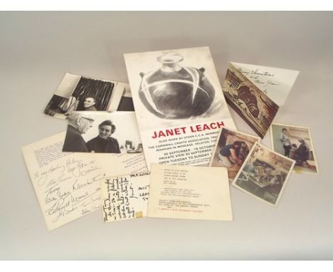 JANET LEACH EPHEMERA.
Janet Leach: A signed greetings card, a signed postcard from Peru, a notice from her office door, vario