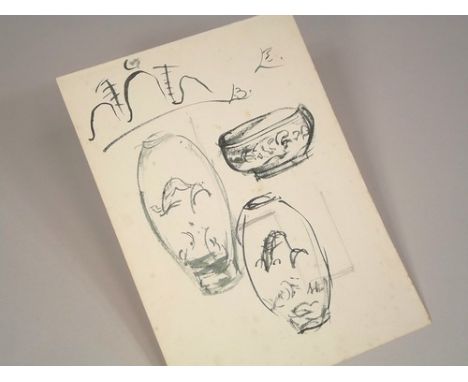 BERNARD LEACH DRAWING.
Bernard Leach brush & ink drawing from a sketch book of two vases, a bowl & mountains with trees. With