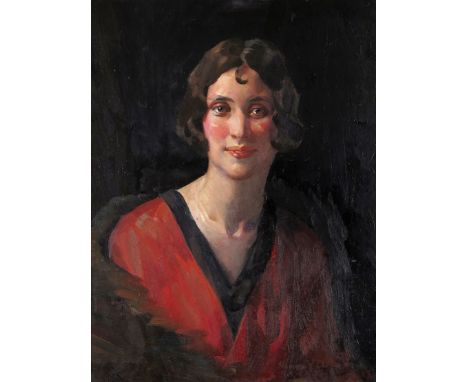 ‡ Henry Young Alison (Scottish 1889-1972)  Portrait of a lady wearing red Signed Oil on canvas 65 x 50cm