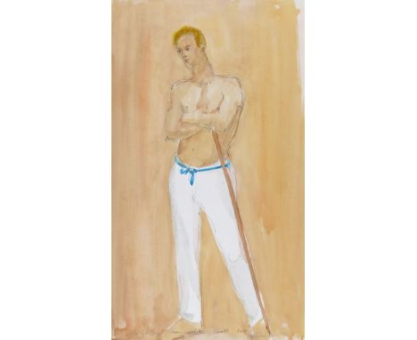 ‡ John Miller (Cornish 1931-2002) Portrait of a man standing Signed and dedicated For Geoffrey from John with love Watercolou