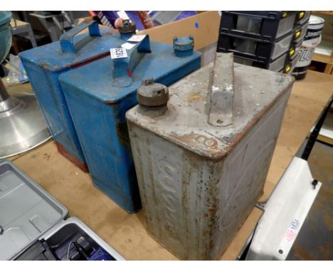 Three vintage Esso jerry cans, one silver and two blue. Not available for in-house P&amp;P 