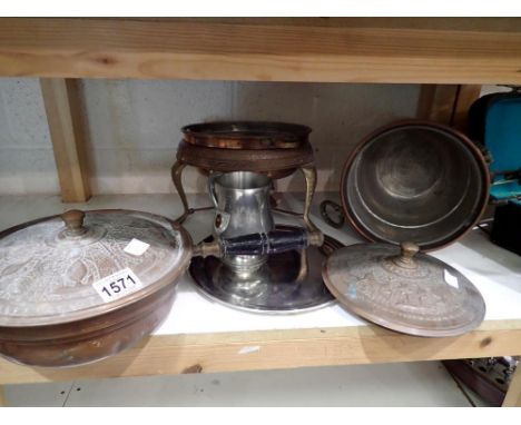 Shelf of copper items, silver plate and a pewter mug. Not available for in-house P&amp;P 
