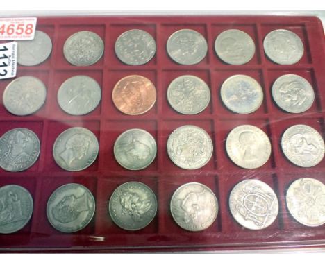 Tray of 24 UK and world crowns including restrikes and commemoratives. UK P&amp;P Group 1 (£16+VAT for the first lot and £2+V