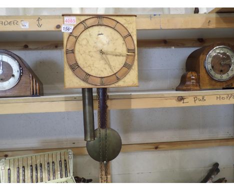Junghans wall clock with weights and pendulum and a further three clocks with pendulum and keys. Not available for in-house P