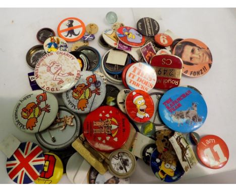 Collection of vintage pin badges including Star Wars, OXO and BT Buzby examples, two tubes. UK P&amp;P Group 1 (£16+VAT for t