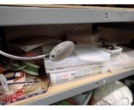 Shelf of arts and crafts materials, including a goose necked magnifier. Not available for in-house P&amp;P 
