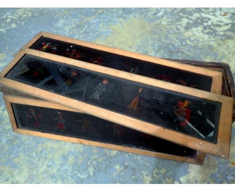 Wooden box containing nine magic lantern slides. Not available for in-house P&amp;P 