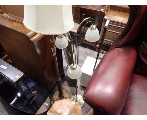 Three shaded brass lamp, H: 69 cm. All electrical items in this lot have been PAT tested for safety and have passed. This doe