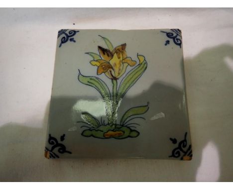 Single antique polychrome tile 10cm x 10cm. UK P&amp;P Group 1 (£16+VAT for the first lot and £2+VAT for subsequent lots) 