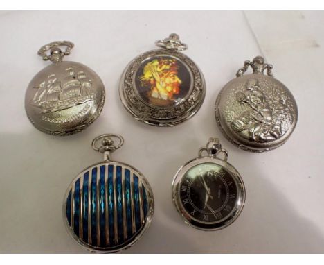 Five silver effect pocket watches - working at lotting up. UK P&amp;P Group 1 (£16+VAT for the first lot and £2+VAT for subse