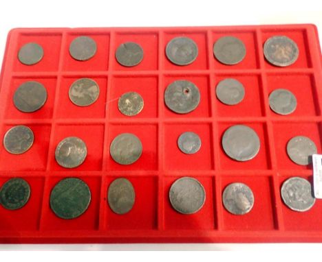 Tray of 24 early milled coins and work house tokens from king George iii to Victoria. UK P&amp;P Group 1 (£16+VAT for the fir